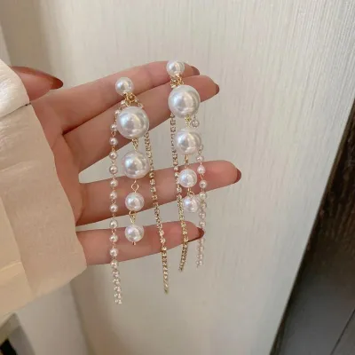 Korean Vintage Crystal Pearl Tassel Drop Earring